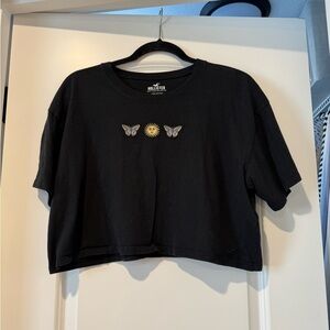 Hollister Black Tee with Yellow Sun & Gray Butterflies